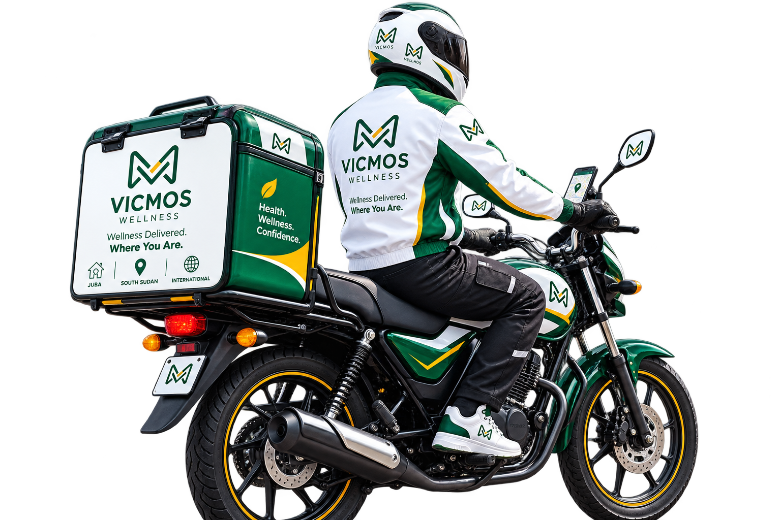 VicMos Wellness delivery rider on motorcycle